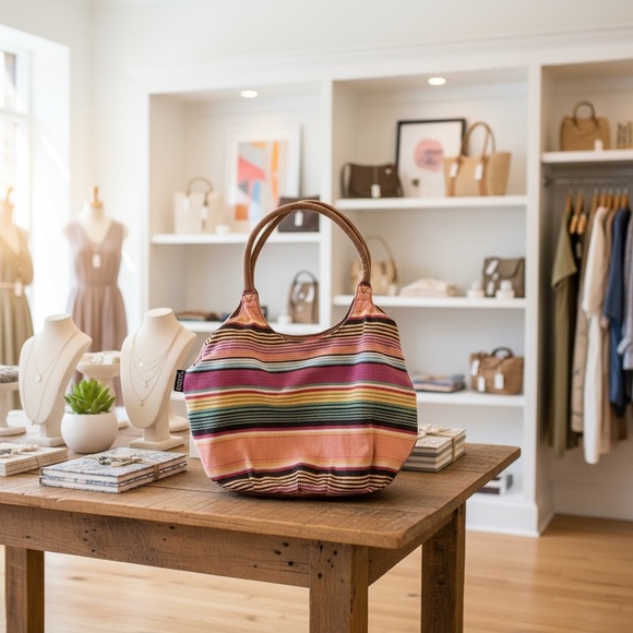 Y2K Catori Multicolor Boho Striped Shoulder Bag Tote Interior Zip Close Pockets - Picture 3 of 17